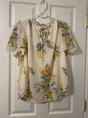 Floral Tie-Neck Flutter Sleeve Blouse - Cream with Yellow & Lavender